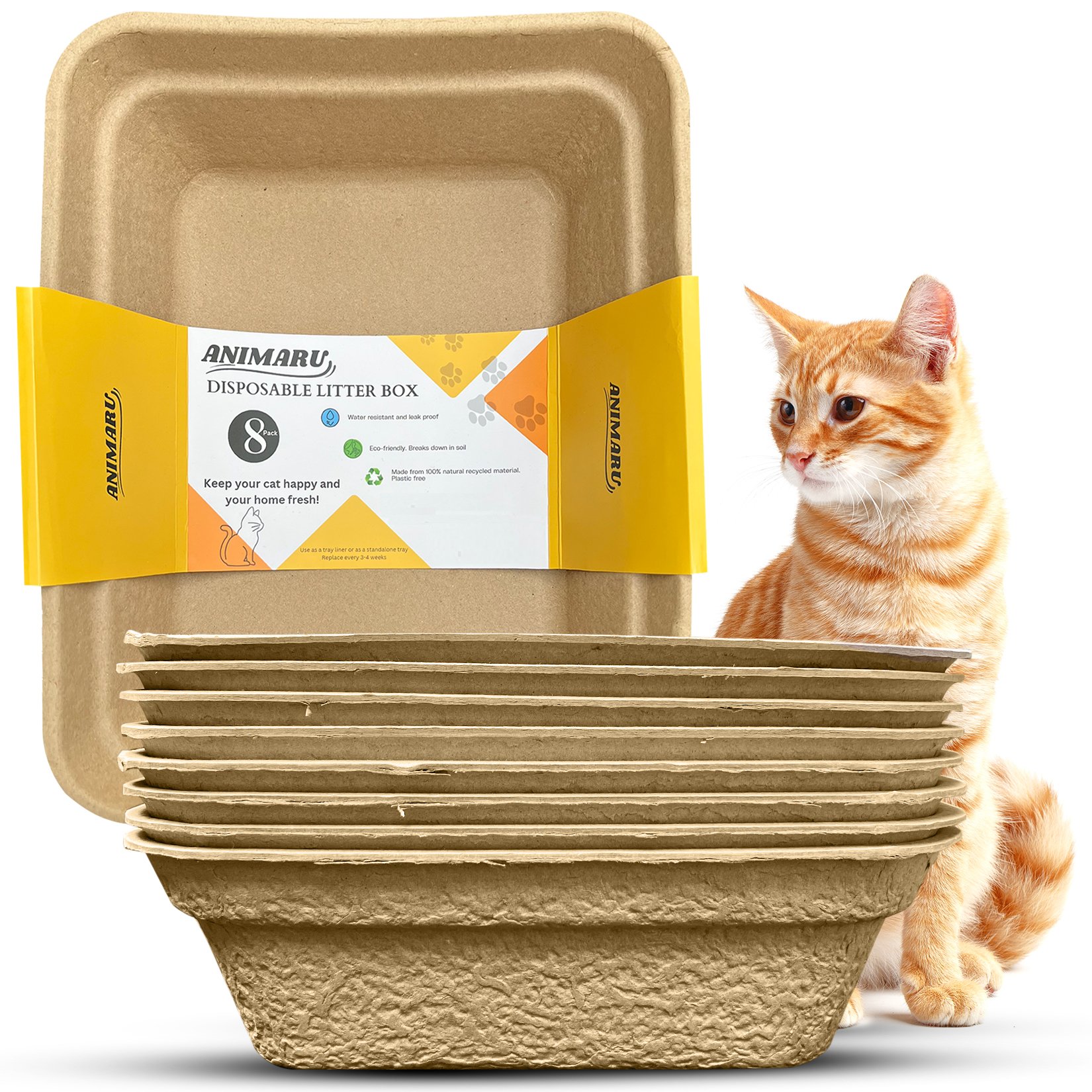 Animaru Disposable Cat Litter Box 8-pack with orange cat